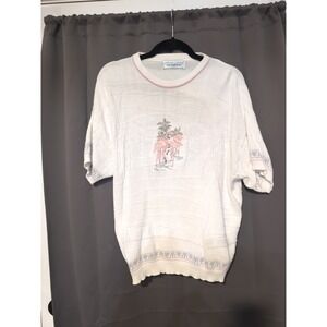 Chelsea Gardens Women's XL Flamingo Sweater, Embroidered Short‎ Sleeve, Pullover